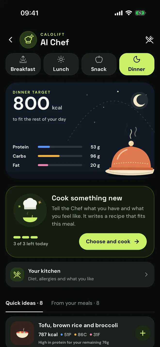 AI Chef: the dinner target, 800 kcal with protein, carbs and fat left, and Cook something new.