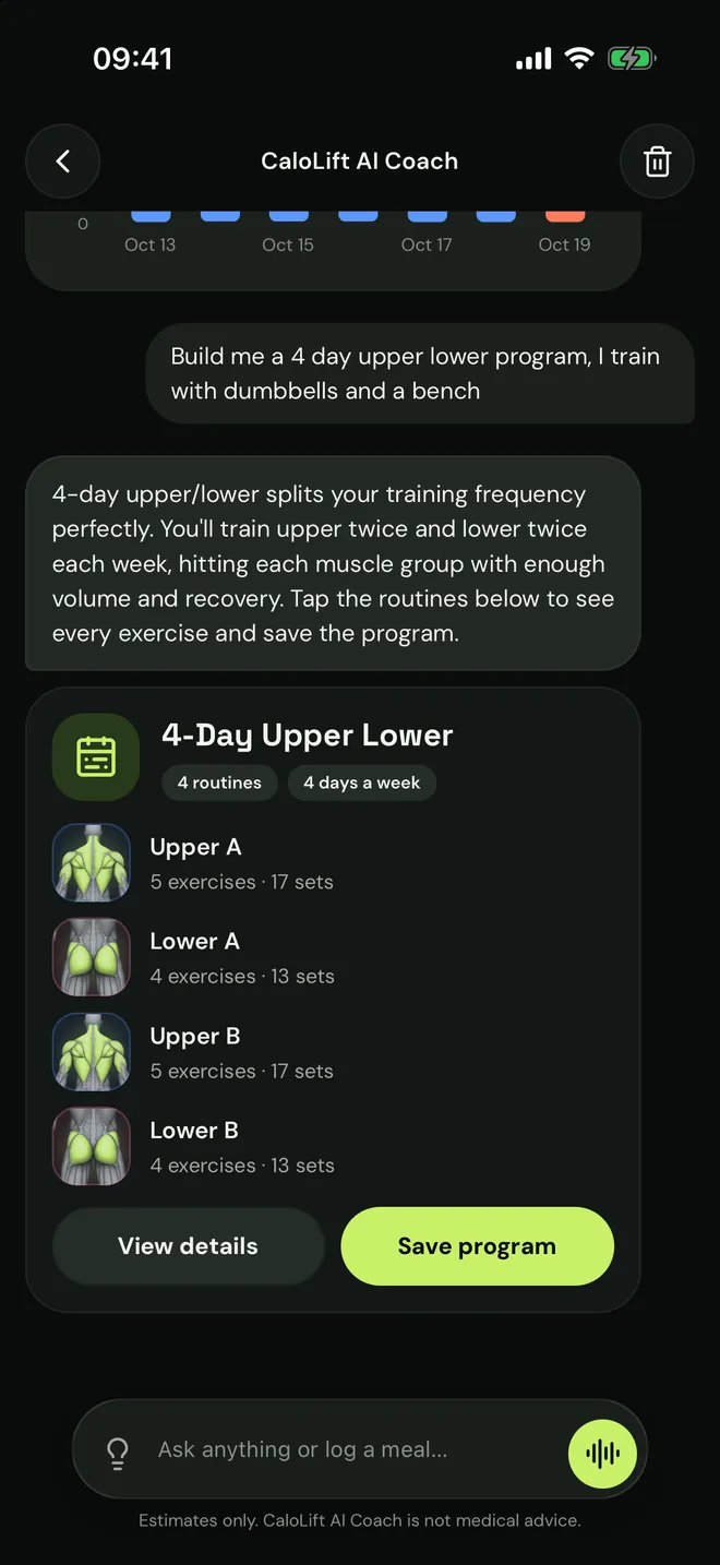 The coach proposes a 4-day upper lower program with four routines, with View details and Save program.