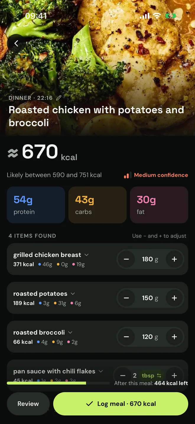 A photo estimate: roasted chicken with potatoes and broccoli, about 670 kcal, likely between 590 and 751, each item adjustable.