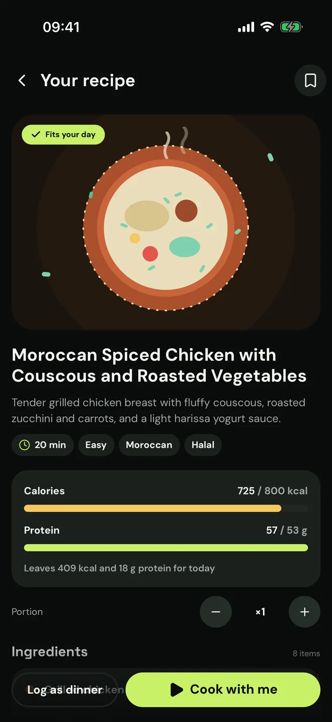 A recipe from the chef: Moroccan spiced chicken with couscous, 725 of 800 kcal, with Log as dinner and Cook with me.