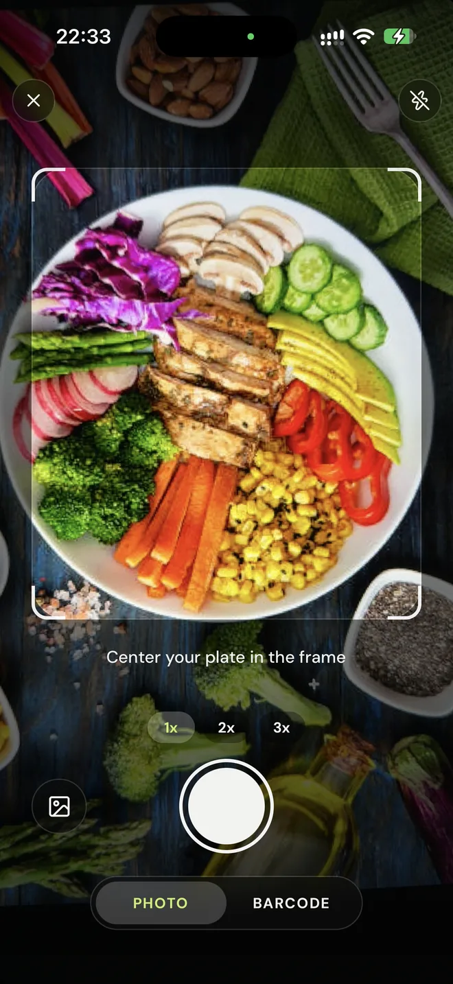 The camera: a plate of grilled chicken and vegetables centered in the frame, with a Photo and Barcode switch.
