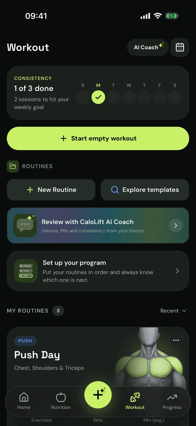 The Workout tab: your weekly goal, routines with the last session and volume change, and a program ready to set up.